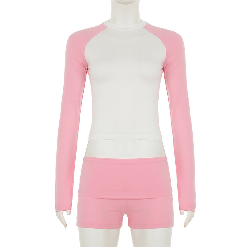 Women’s Activewear Contrast Color Sportswear Long-Sleeve Top Shorts Two Piece Set 9