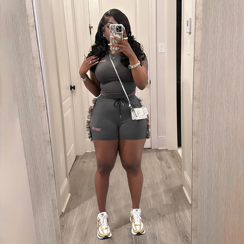 Women spring Summer sexy embroidered Top Solid and shorts two-piece set 4