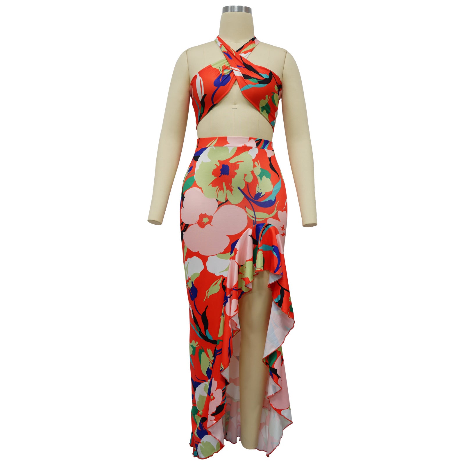 Women Summer Top and Ruffled Slit Skirt Two-piece Set 8