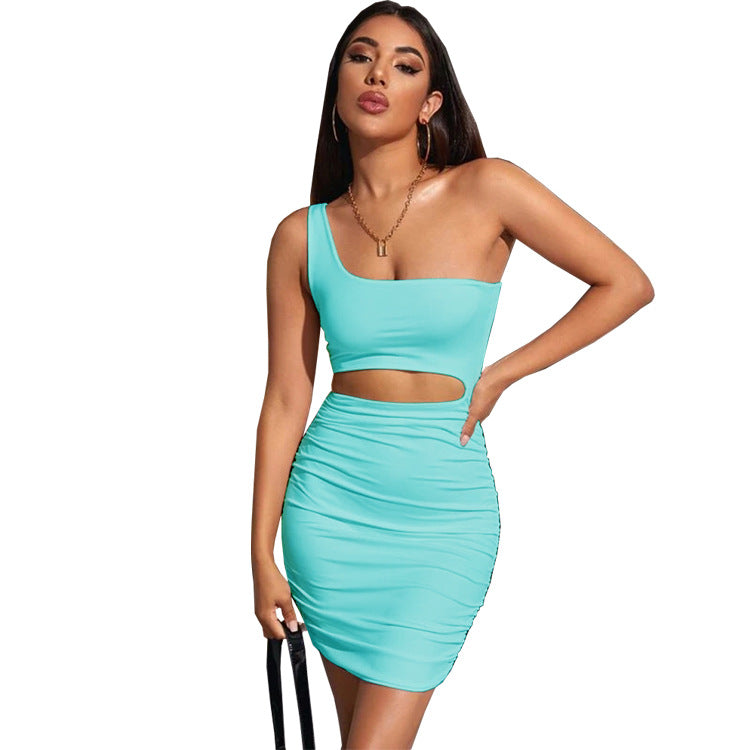 Women Sleeveless Slash Shoulder Hollow Pleated Sexy Bodycon Dress 18