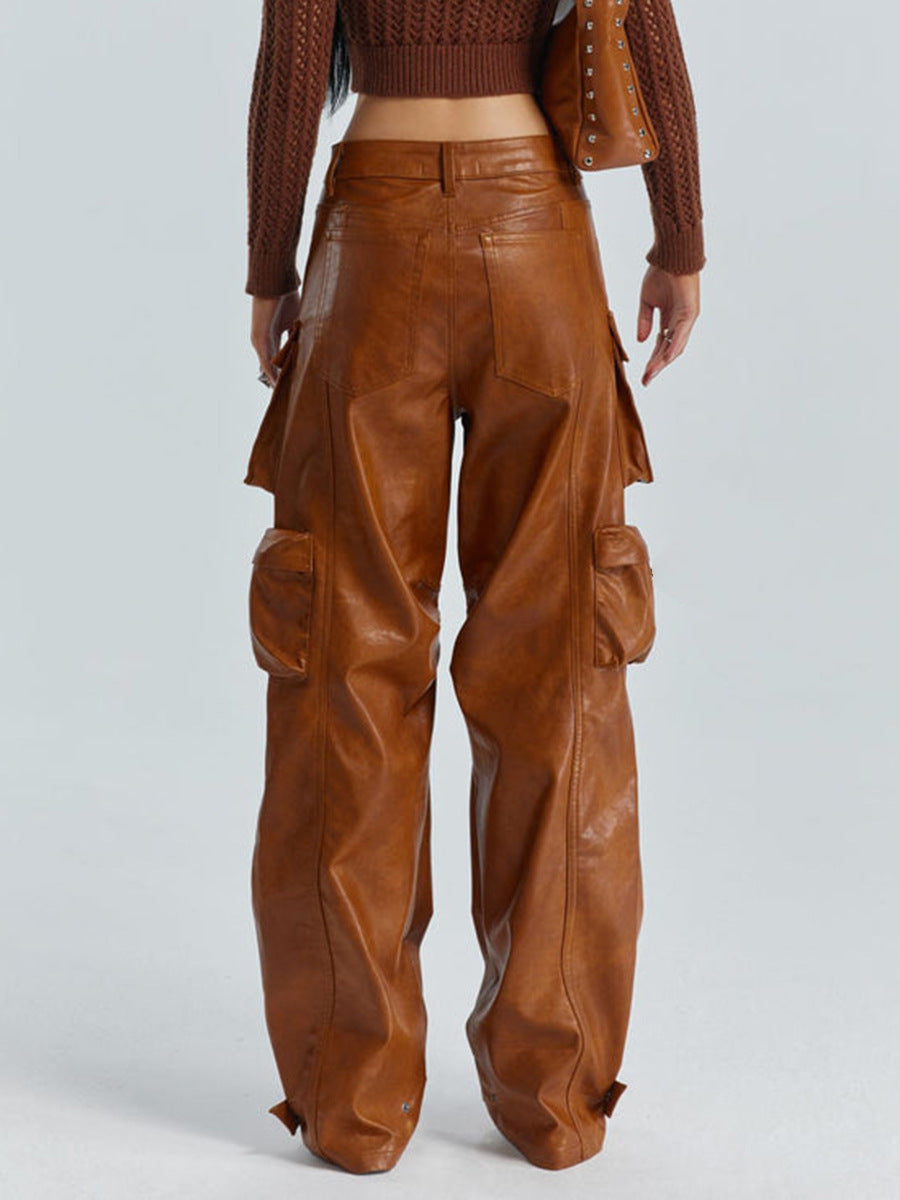 Women Pockets Style Loose Cargo PU-Leather Pant 7