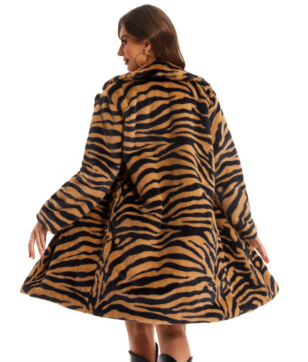 Women Autumn and Winter Zebra Print Faux furry Turndown Collar Warm Jacket 7