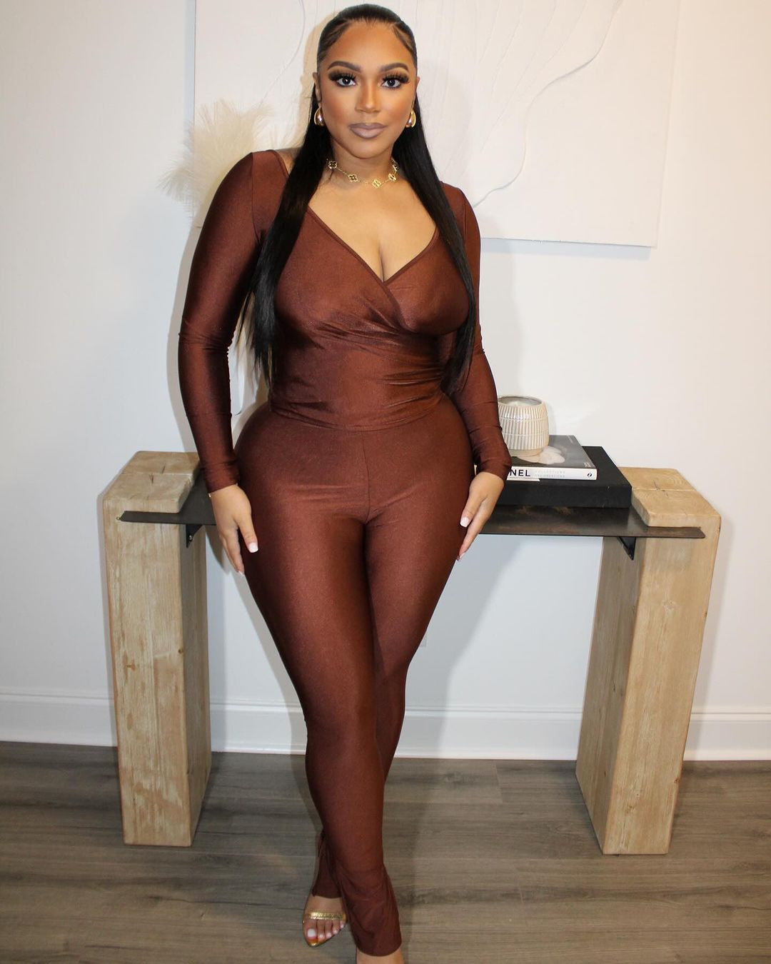 Women Solid v-neck sexy long-sleeved Top And trousers two-piece set 3