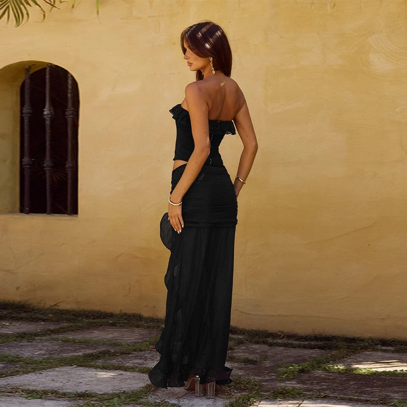 Ruffled Strapless Top Mesh Skirt Two Piece Set for Women 7