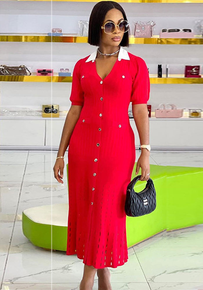 Women French Elegance Turndown Collar Contrast Hollow Short Sleeve Knitting Dress