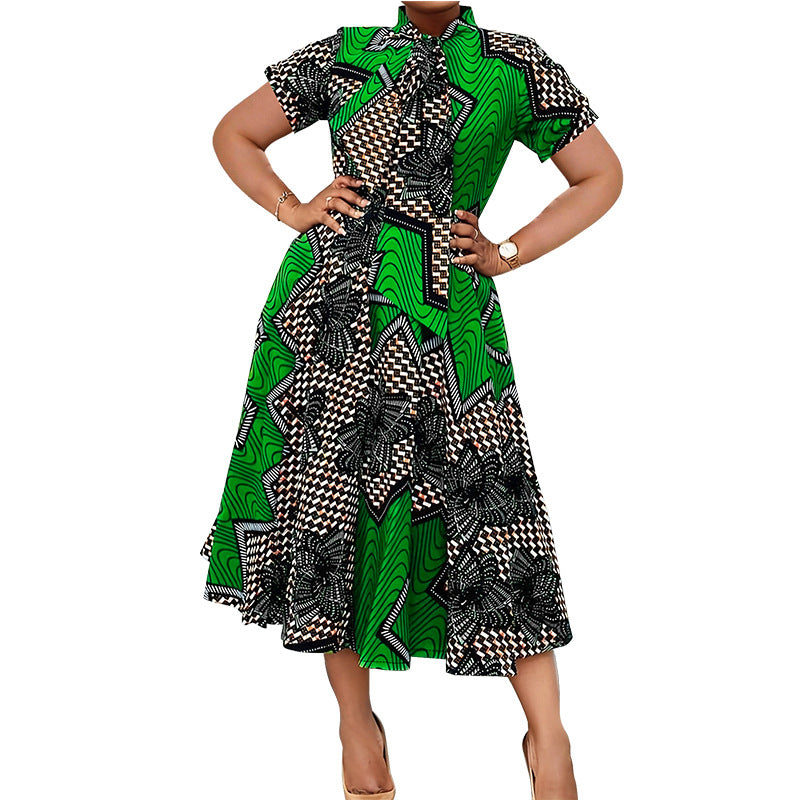 Plus Size Women's Short Sleeve Printed A-Line Long Dress 6