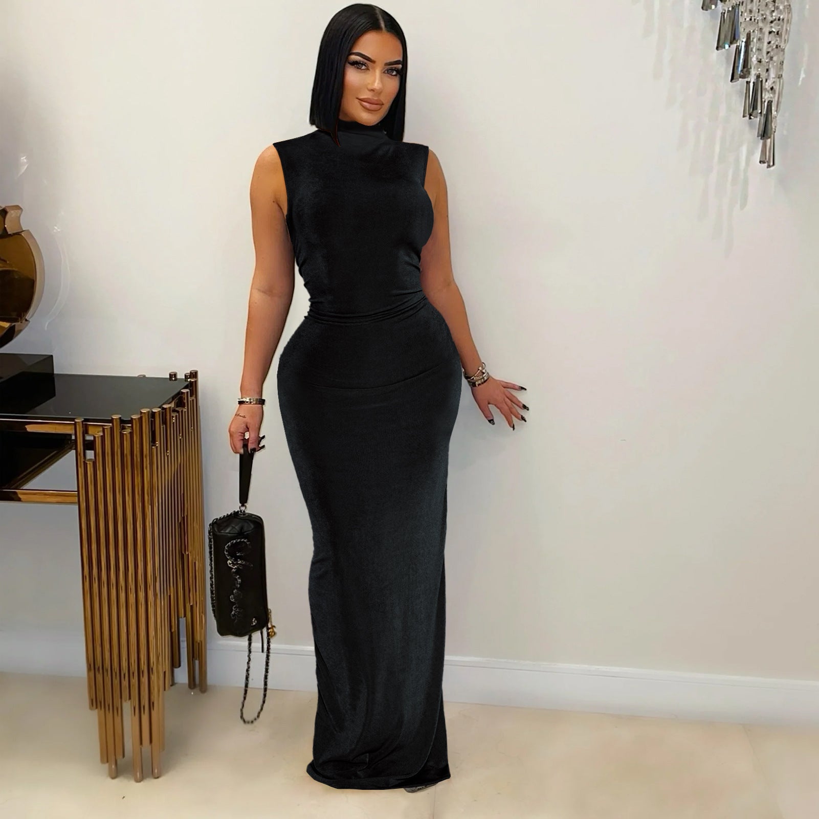 Women Half-High Neck Pleated Sleeveless Stretch Maxi Dress 3