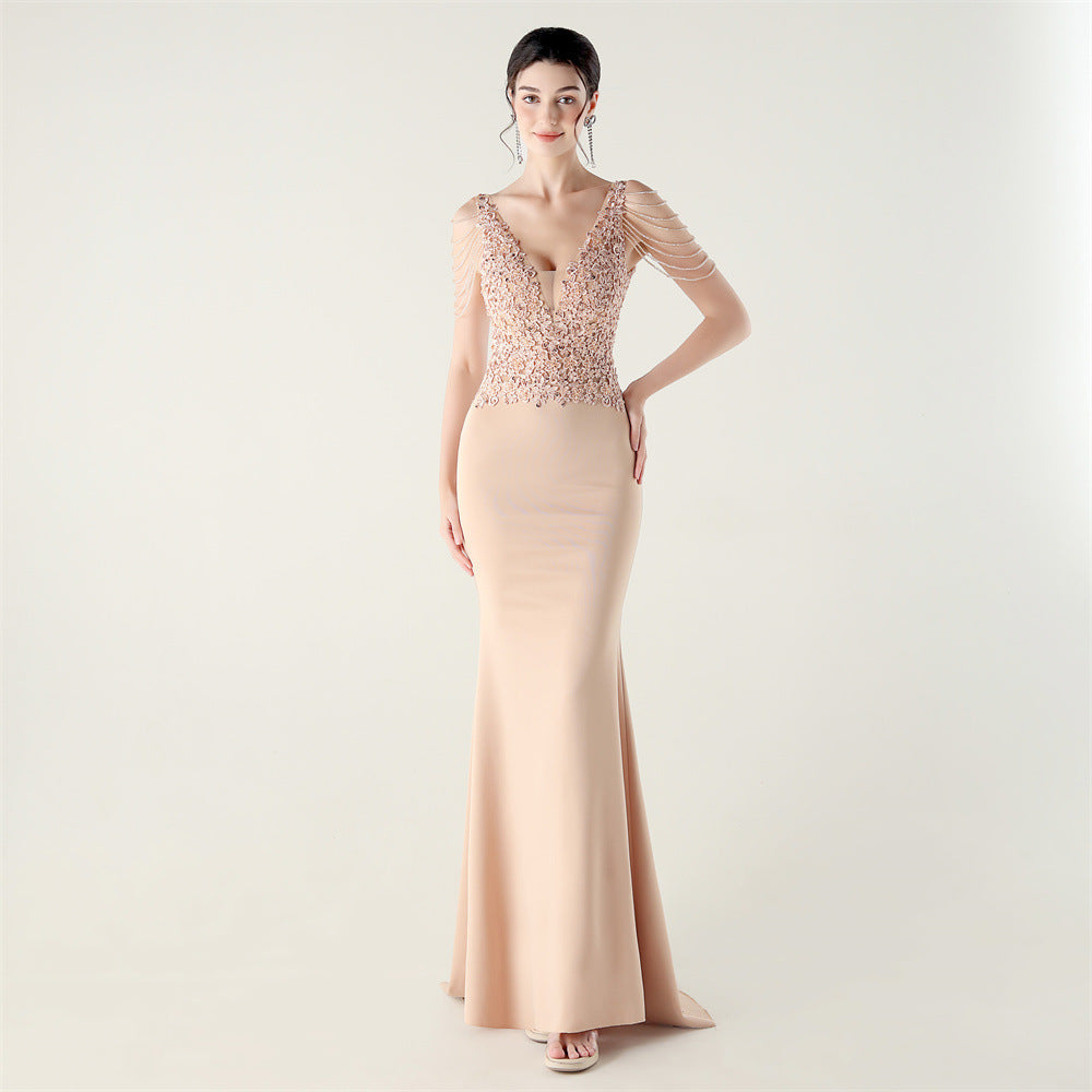 Women Heavy Lace Beaded Slit Fishtail Skirt Sexy Elegant Evening Evening Dress 19