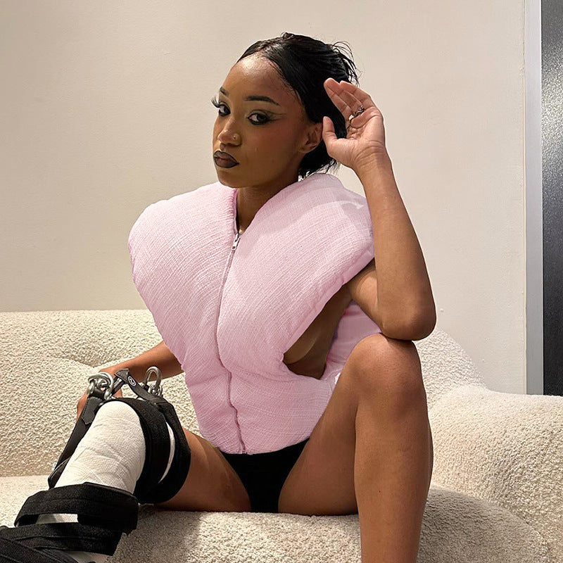 Women's Autumn Winter Zipper Loose Hollow Sleeveless Jacket Cotton Vest 4