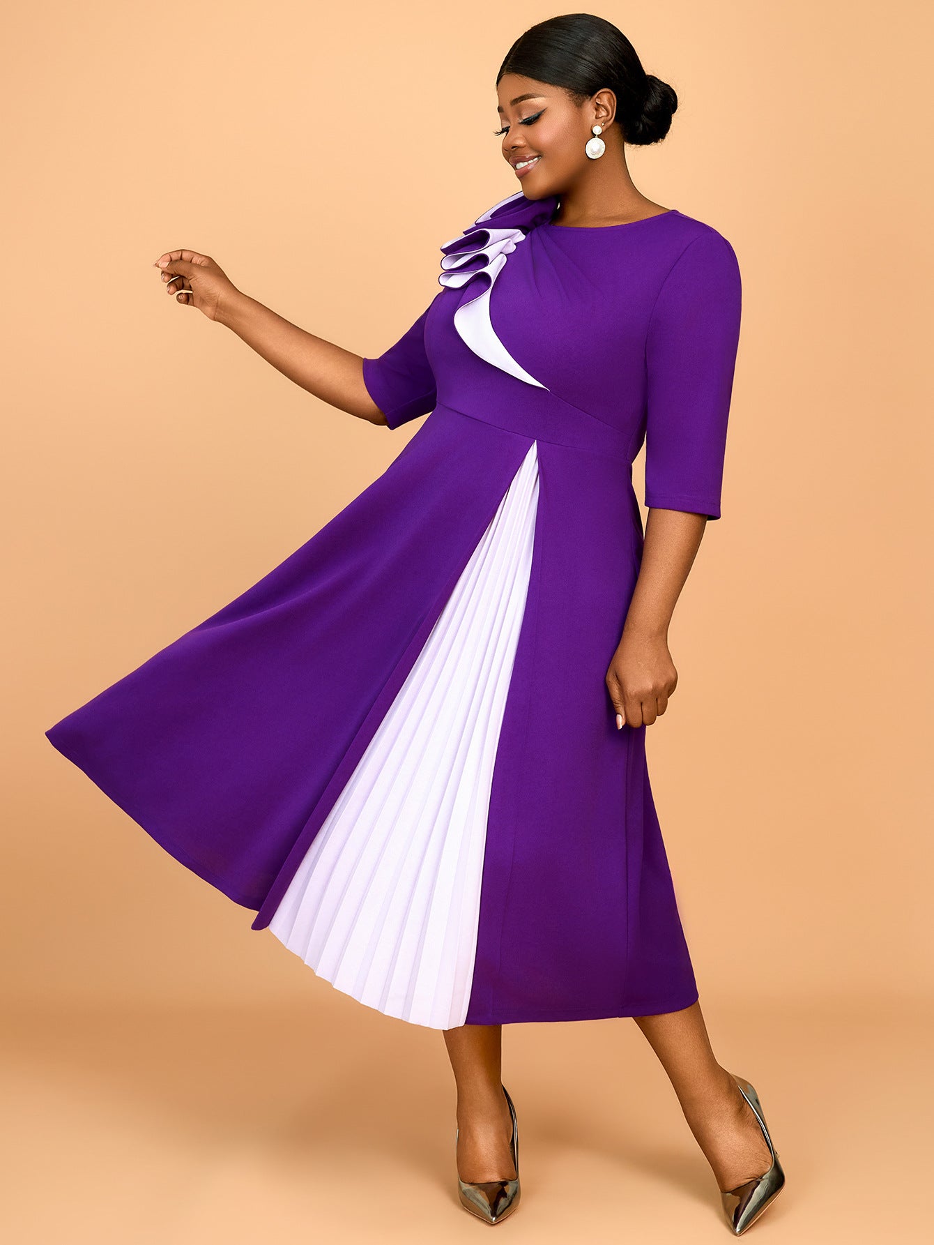 Summer Color Block Floral A-Line Cocktail Slim Waist Plus Size Party Dress 5