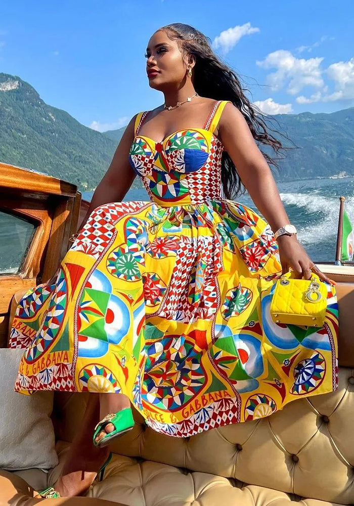 Women Vintage Baroque Strapless Beach Holidays Print Dress