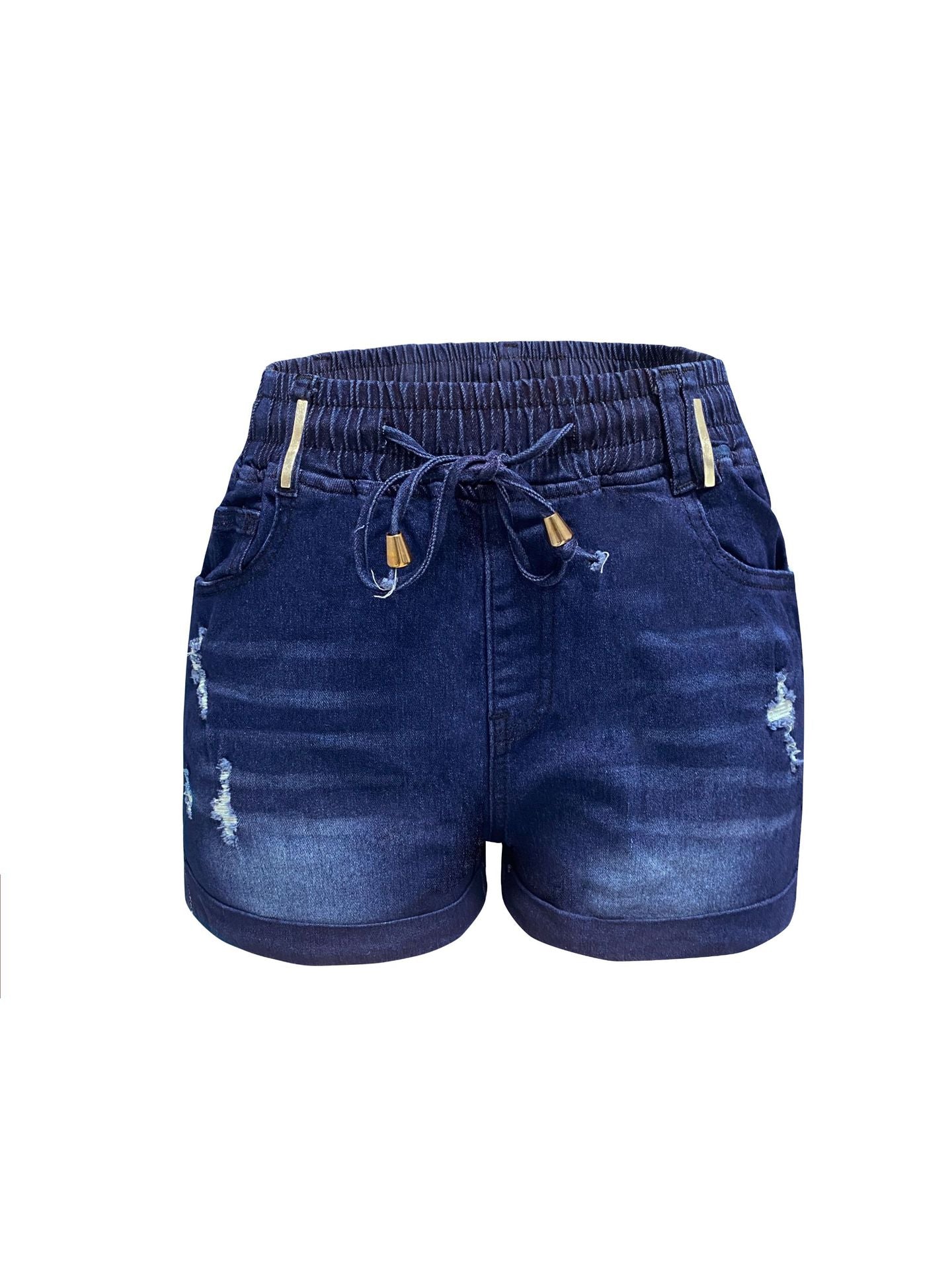 Women's High Waist Slim Fit Drawstring Ripped Denim Shorts 6