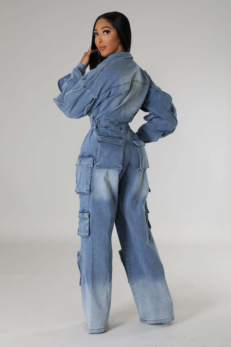 Women Cargo wide leg denim jumpsuit