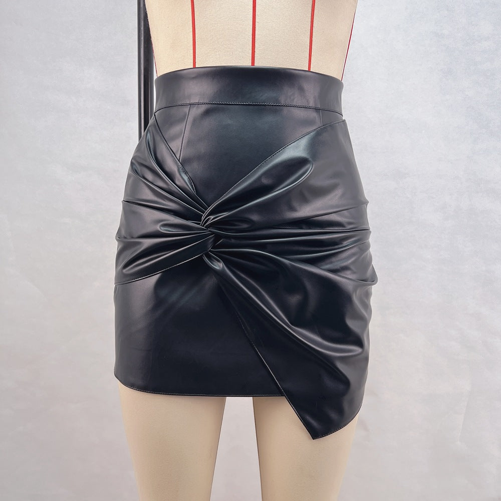 Women's Autumn Winter Street Fashion Pleats Bodycon Leather Mini Skirt 10
