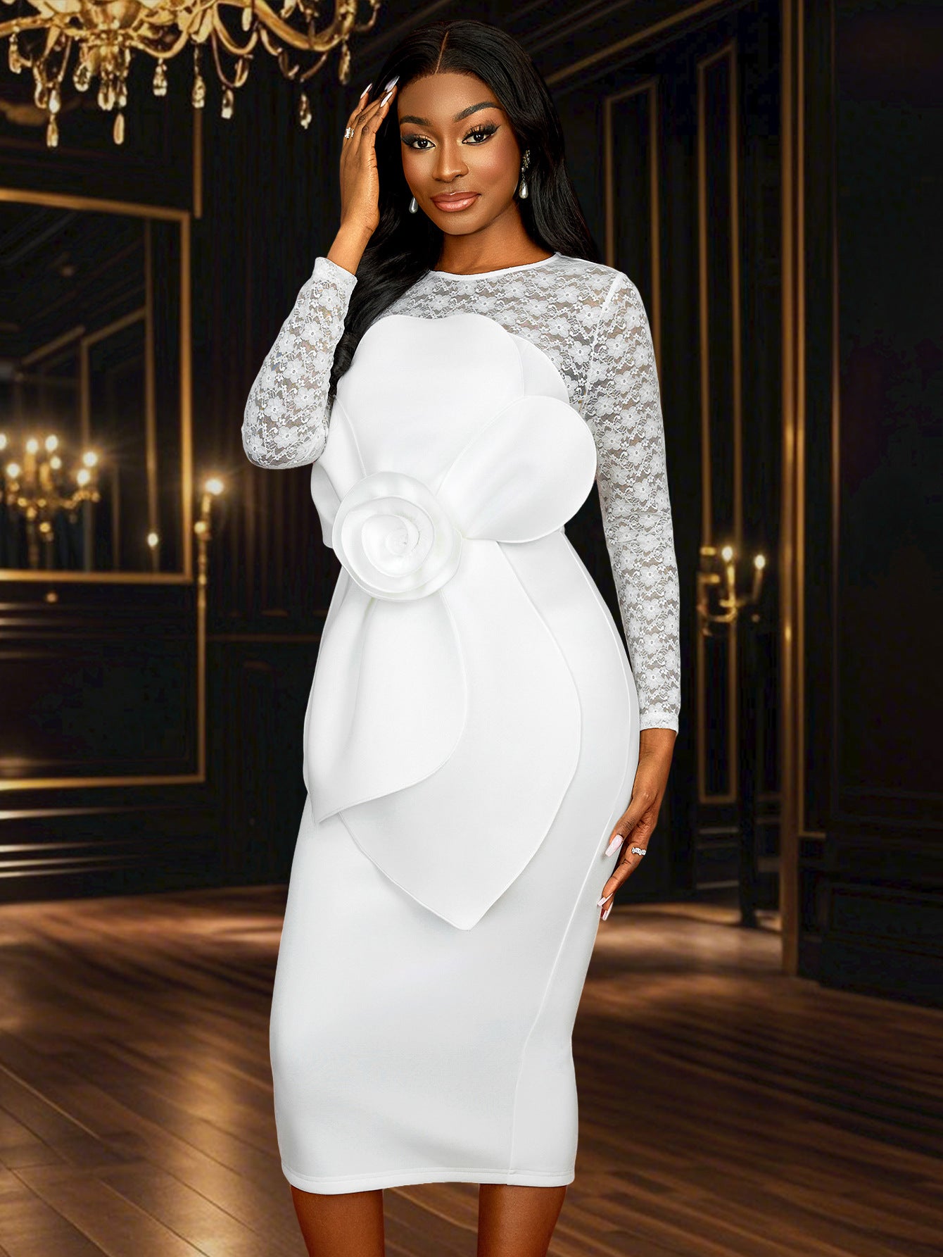 Long-Sleeved Lace Wedding Bow Party Dress 4