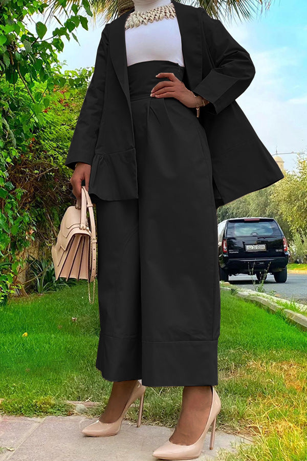 Women's Turndown Collar Jacket High Waist Loose Pants Suit 3