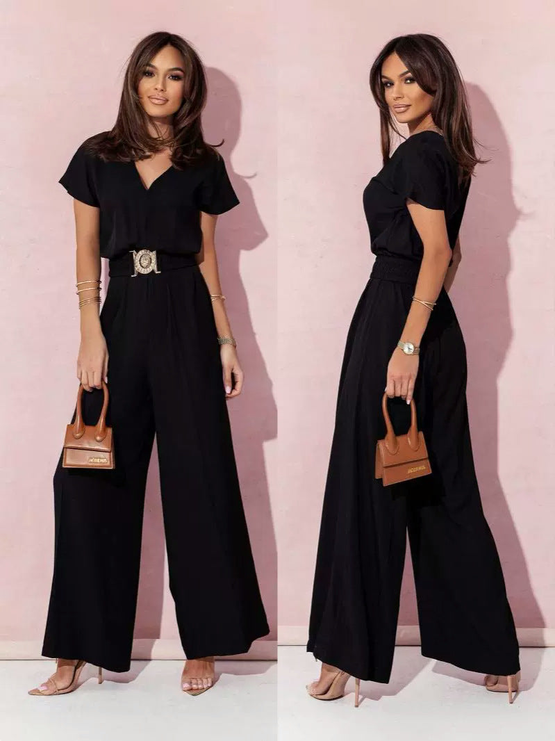 Fashionable Short-Sleeved V-Neck Solid Color Slim-Fit Jumpsuit 7
