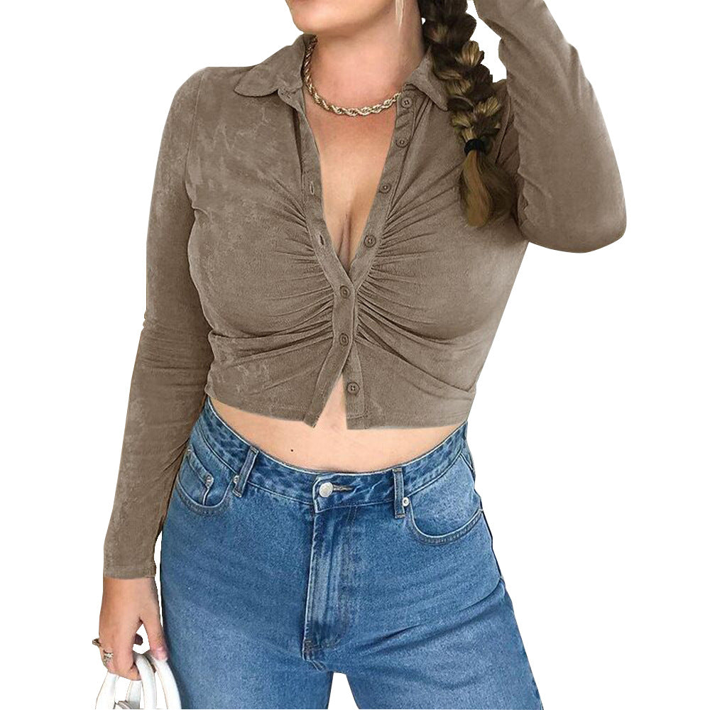 Women Sexy Pleated Turndown Collar Long Sleeve Shirt 10