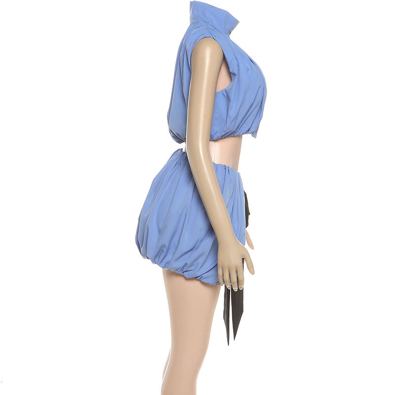 Autumn Women's Fashion High Neck Color Block Sexy Crop Top Short Skirt Set 7