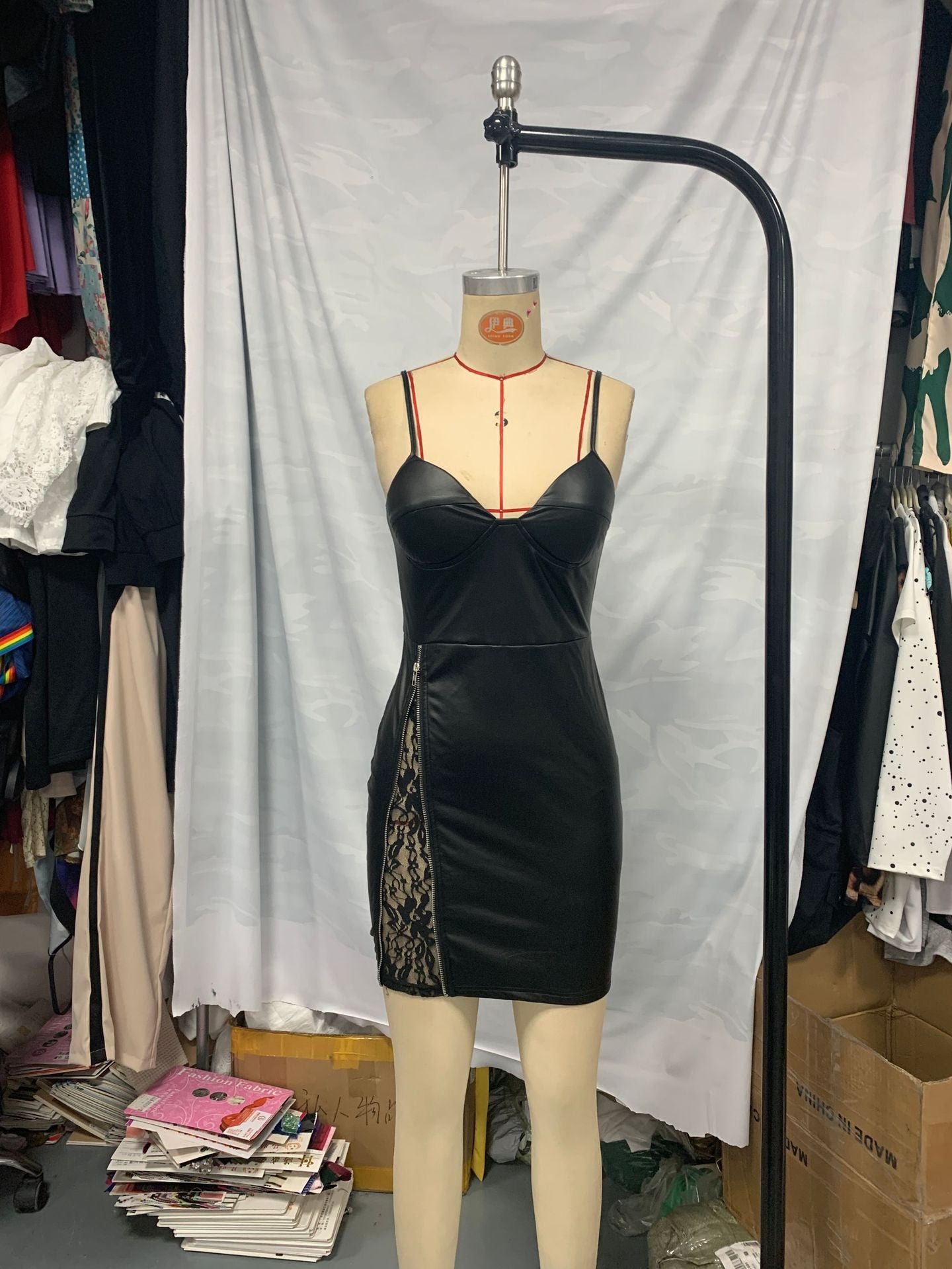 Black Lace Patchwork Pu Leather Tight Fitting Sexy Strap Women Dress 9