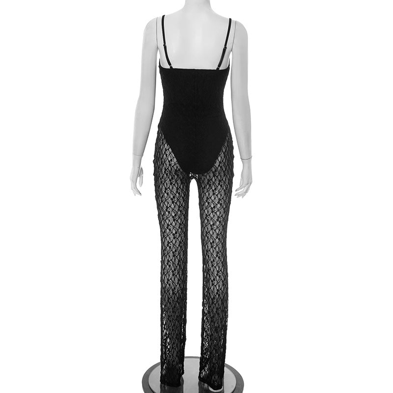 Women Sexy Lace Strapless Suspender Backless Mesh Jumpsuit 5