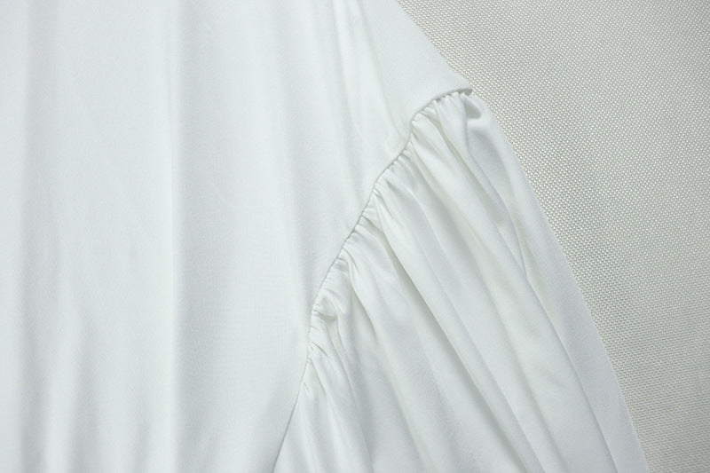 Elegant women's solid color pleated A-line V-neck short-sleeved low back long dress formal party dress 19