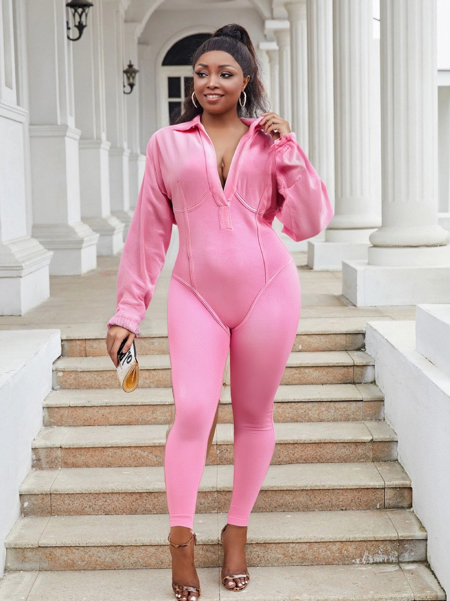 Plus Size Fashion Women Denim Washed Sexy Deep V Tight Fitting Long Sleeve Jumpsuit 10