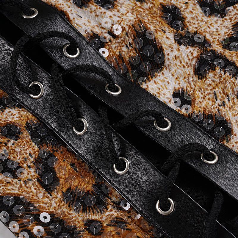 Sexy Side Lace-Up Leopard Print Bodycon Short Skirt with Sequins 17