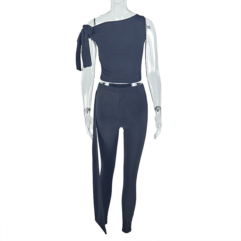 Fashion One-Shoulder Solid Pants Set Slash Shoulder Lace-Up Top Tight Fitting Pants Two-Piece Set 11