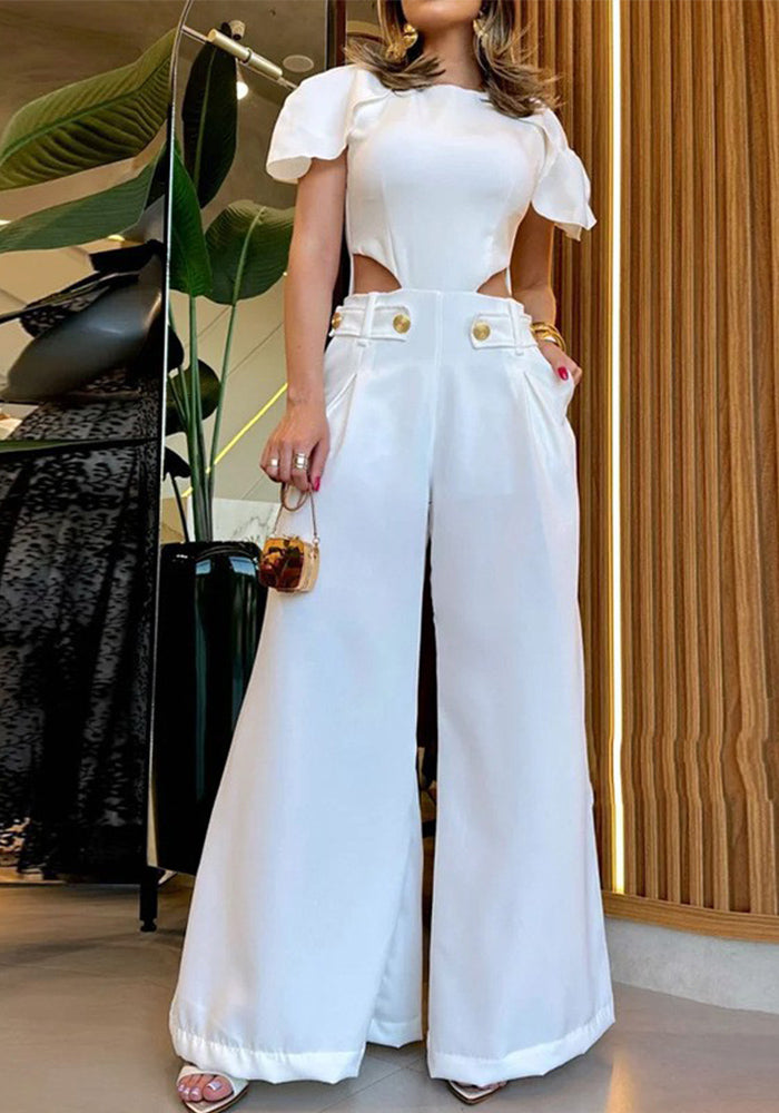 Women Summer Ripped Button Zipper Hollow Solid Top and loose wide-leg pants two-piece set