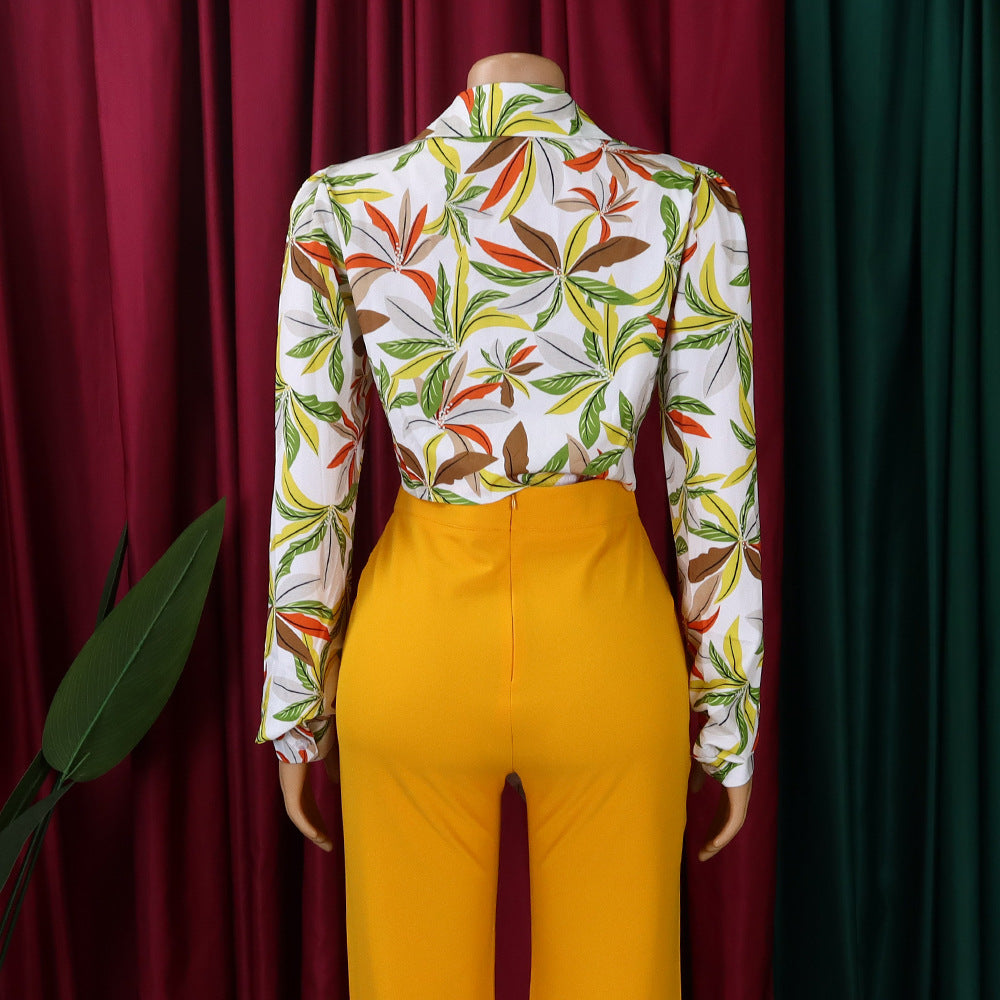 Fashionable Women's Printed Turndown Collar Lace-Up Long Sleeve Shirt 19