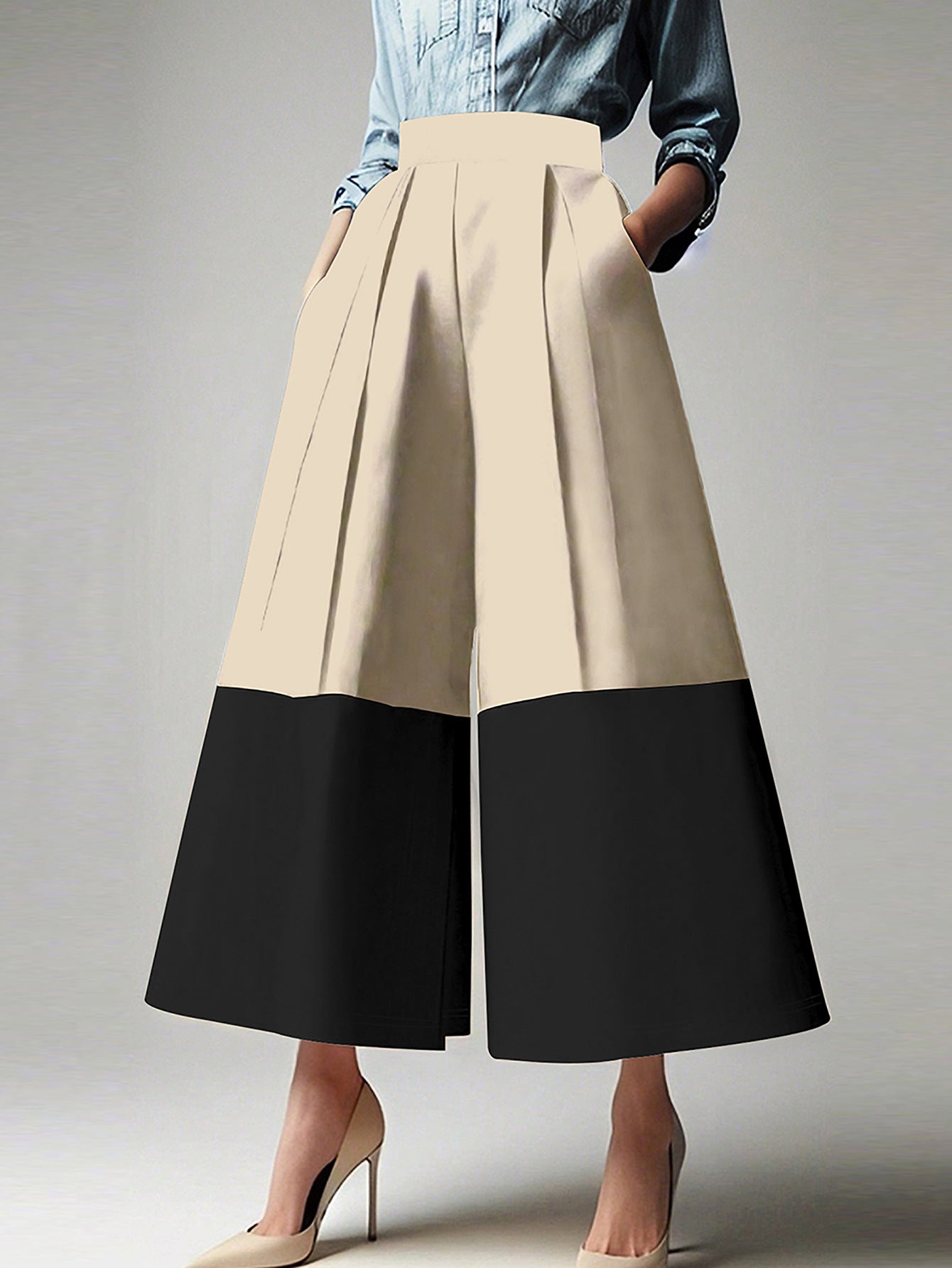 Women Elegant Color Block High Waist Pants 11