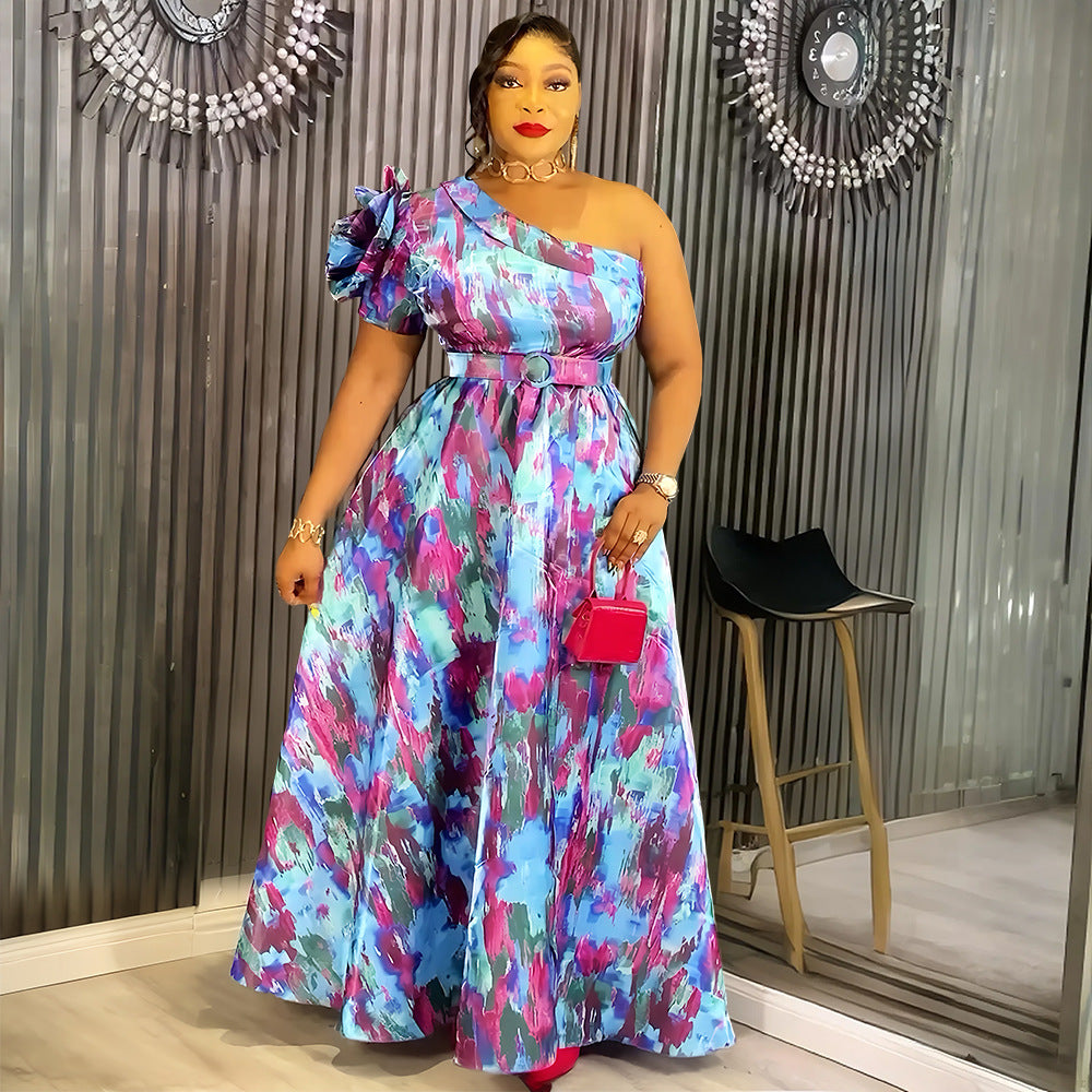 African Sexy Slash Shoulder Women's Plus Size Print Dress 4