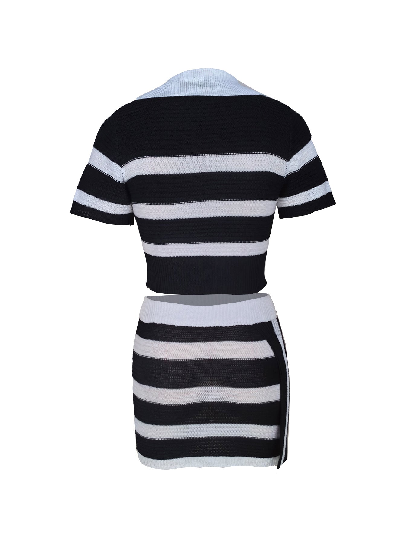 Women's Turndown Collar Short-Sleeved Striped Color-Blocking Knitting Top Slim Mini Skirt Two-Piece Set 9