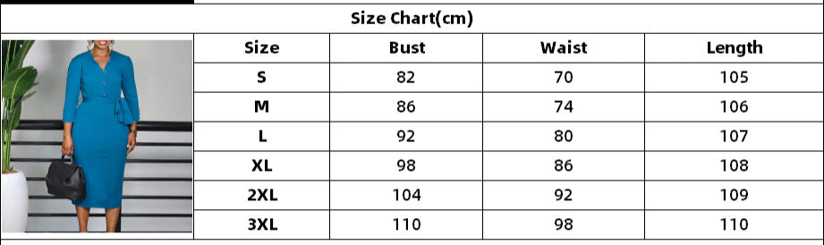 African Women's Fashion Chic Solid Color Elegant OL V-Neck Belt Plus Size Dress 8
