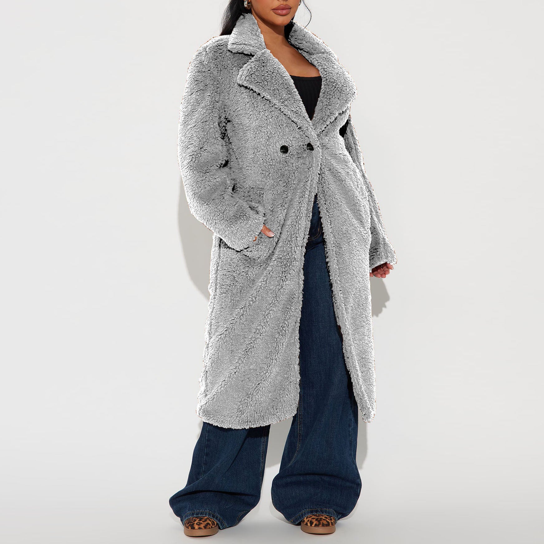 Autumn Winter Loose Faux Fur Long Trench Coat For Women 7