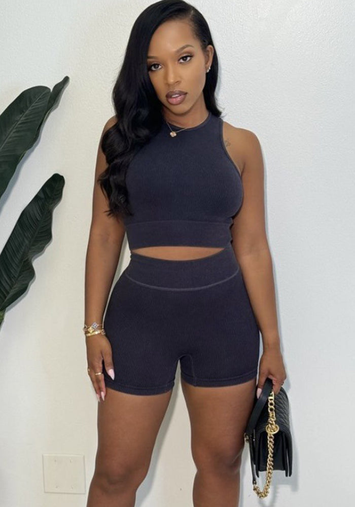Women's Fashion Ribbed Solid Color Vest Shorts Two-Piece Set