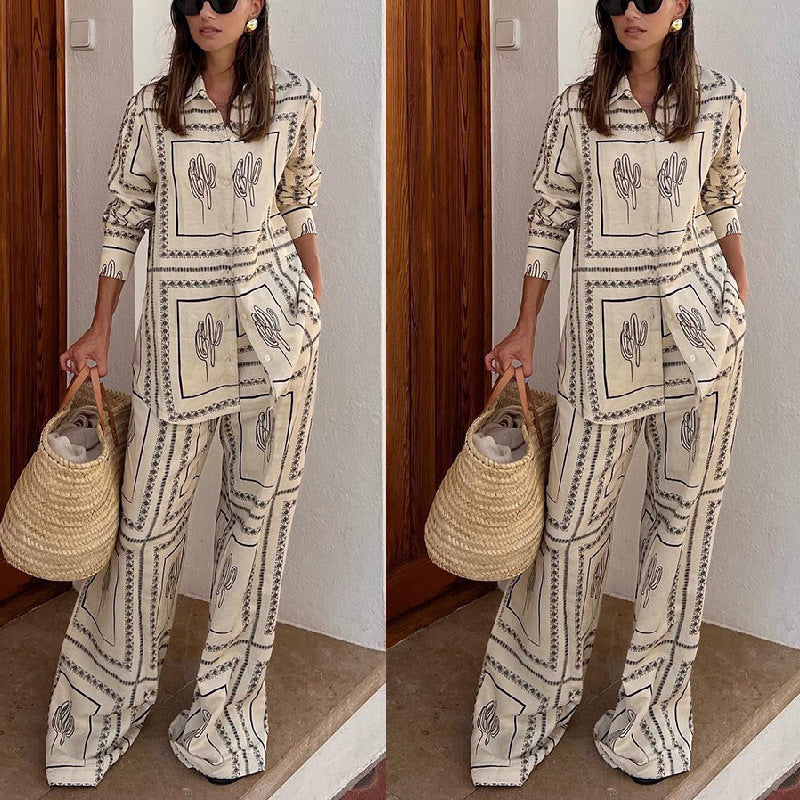 Printed Long-Sleeved Shirt And Trousers Two-Piece Set Home Wear 3