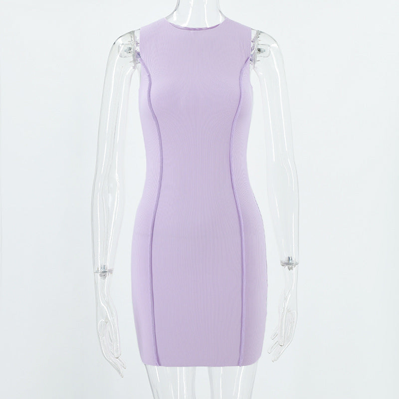 Summer Ladies Round Neck Sleeveless Solid Color Fashion Slim Bodycon Dress 13