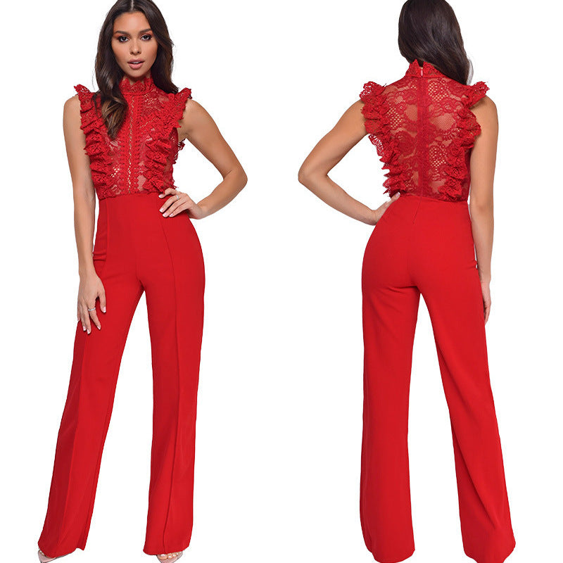 Women's High Neck Fashion Sleeveless Lace Patchwork Straight Leg Women's Jumpsuit 6