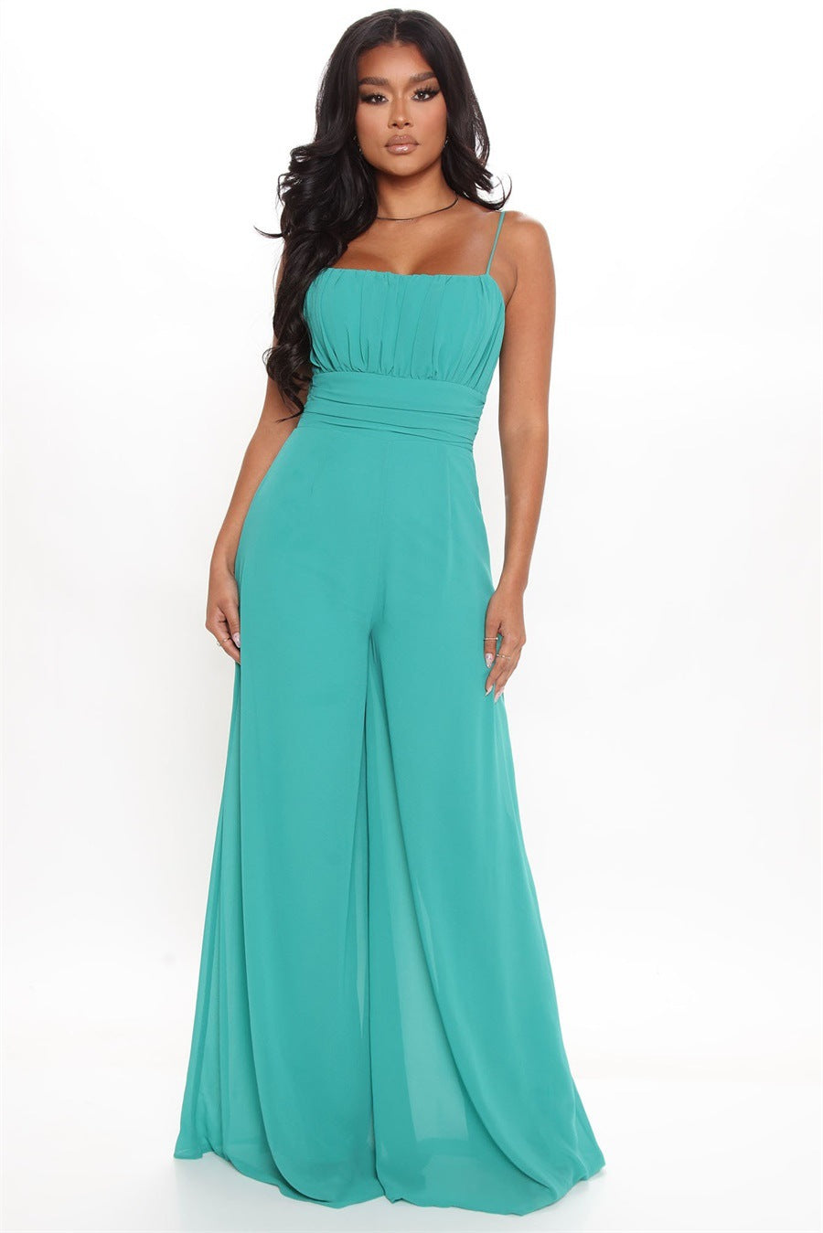 Summer Solid Color Chiffon Straps Slim Waist Wide Leg Women'S Jumpsuit 5