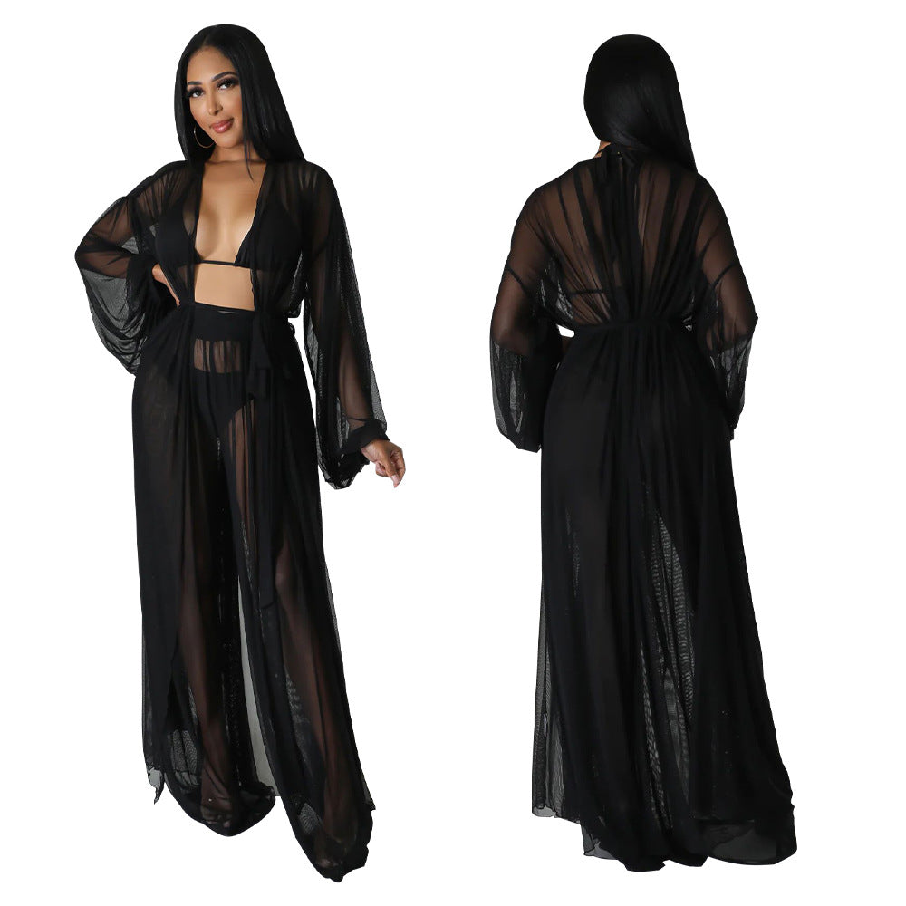 Fashion Ladies Solid Color Bat Sleeves Sexy See-Through Long Sleeve Pant Set 3