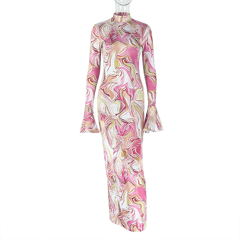 Women's Chic Print Stand Collar Long Sleeve Long Dress 6