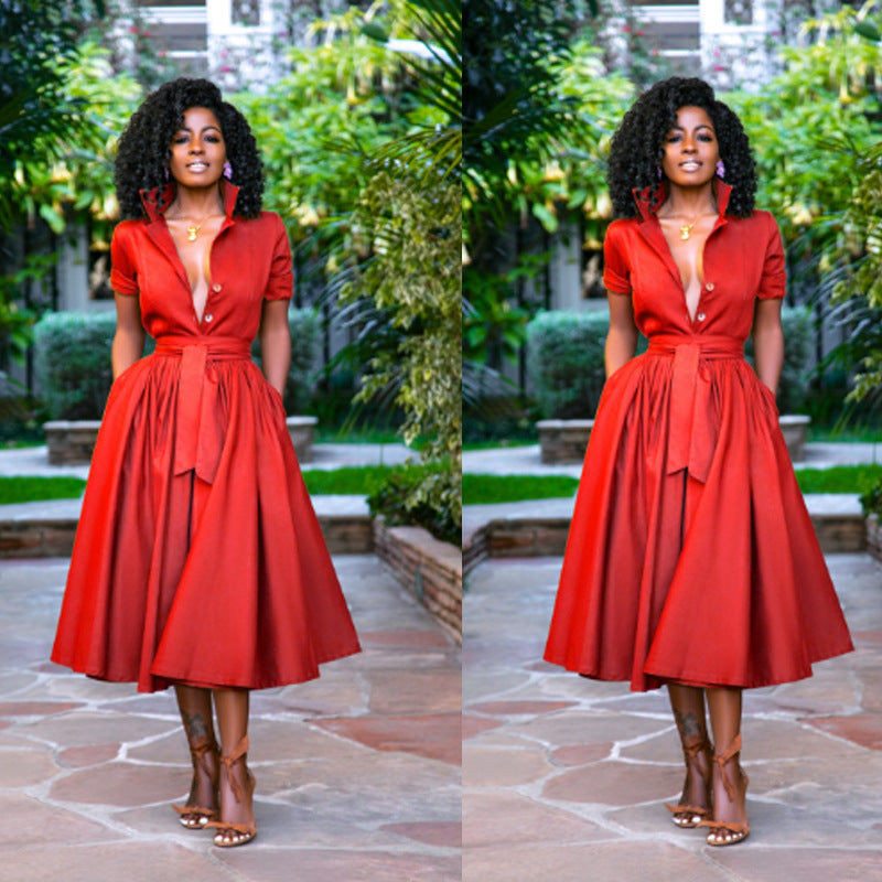 Solid Color Belted Long Sleeve Turndown Collart Button-Up Shirt Dress 9