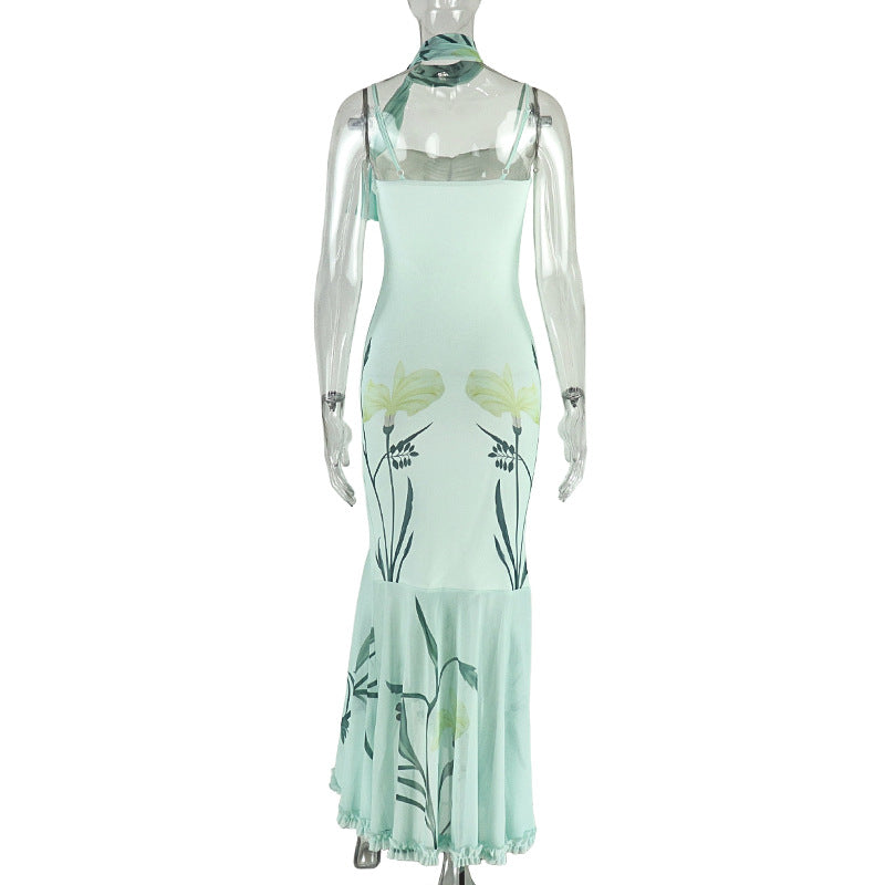 Women printed elegant ruffled Bodycon suspender sleeveless dress 8