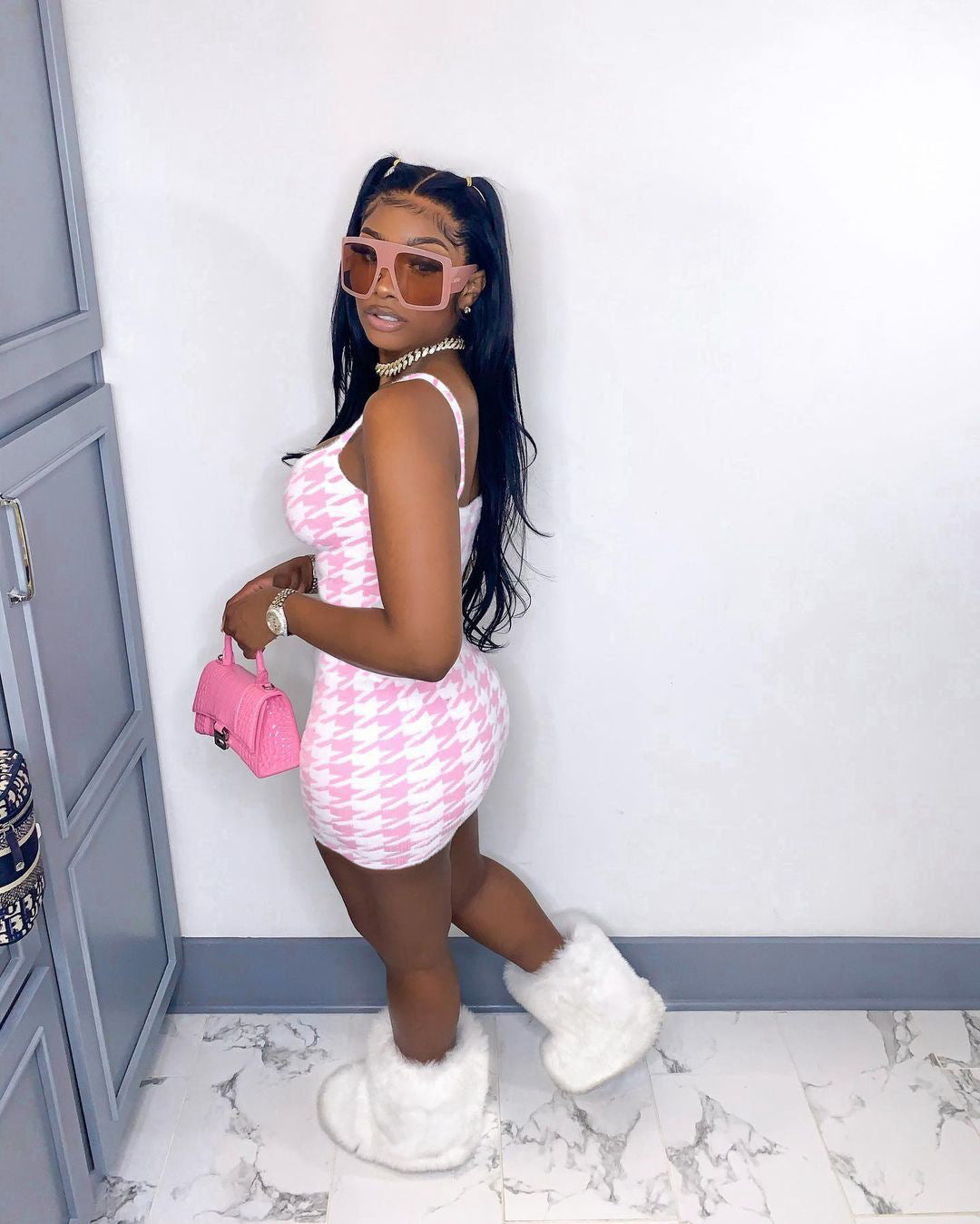 Ladies Houndstooth Tank Top Skirt Set Two-Piece Set