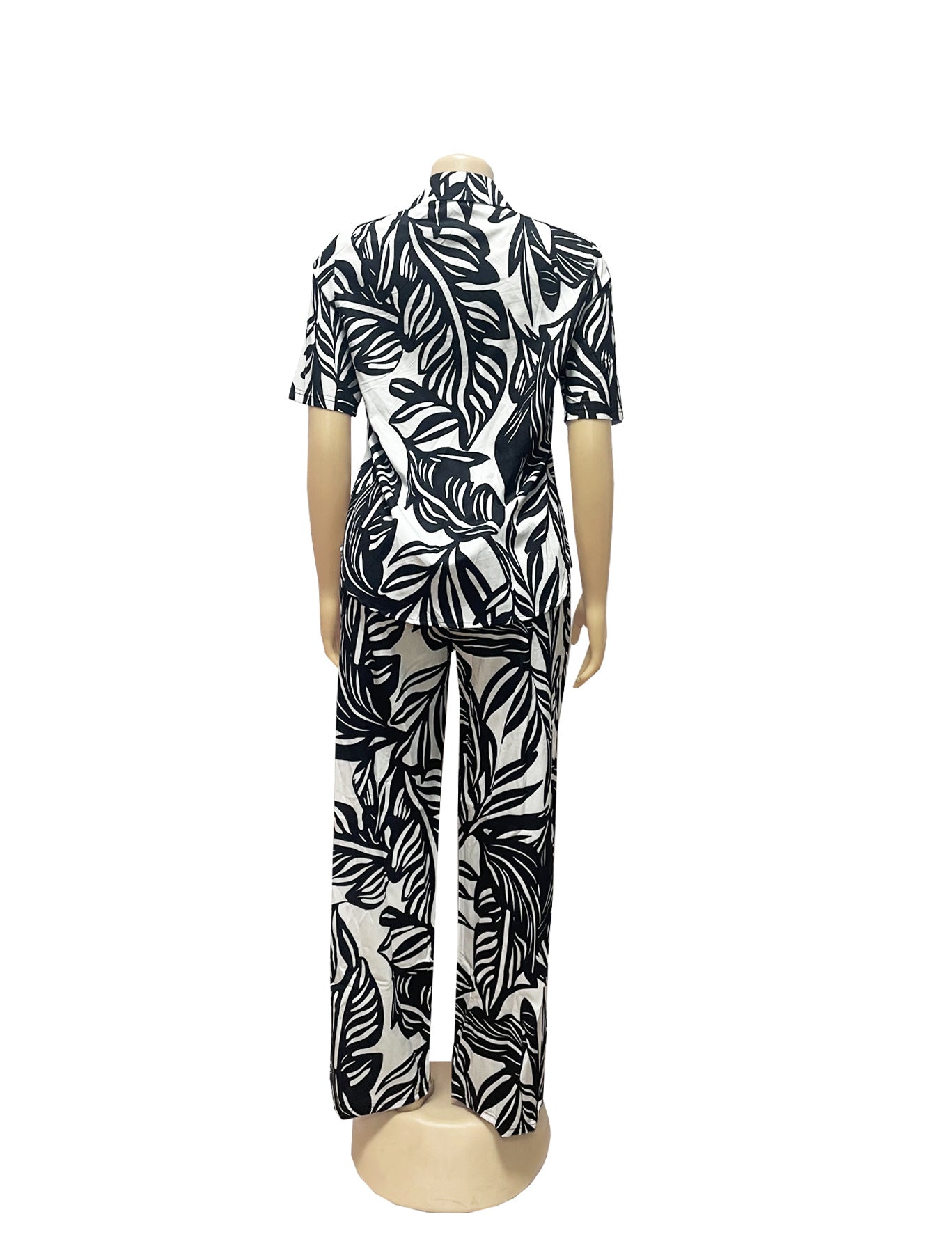 Women Summer Printed Turndown Collar Short Sleeve Top and Wide Leg Pants Two-piece Set 11