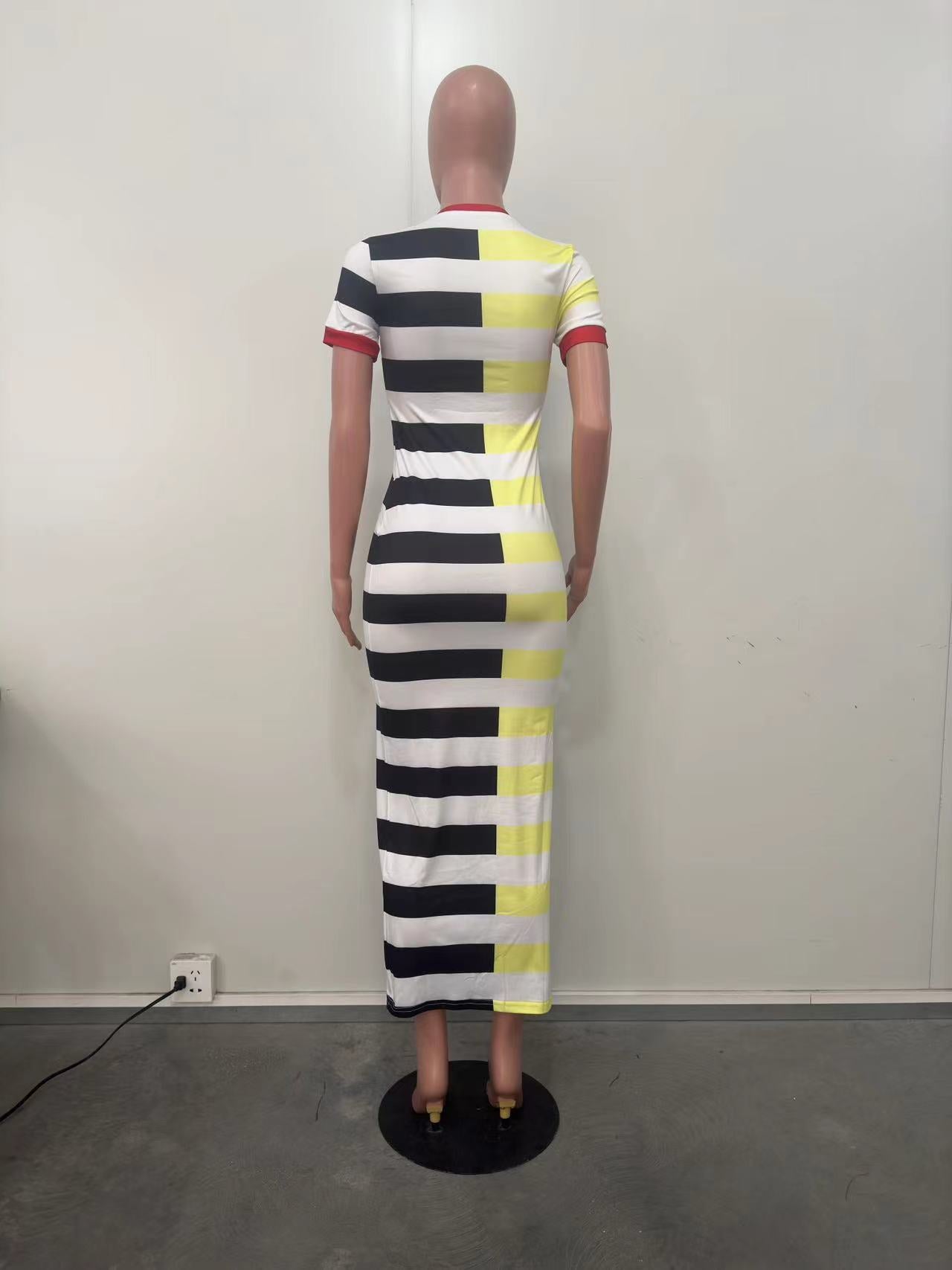 Women Round Neck Short Sleeve Slit Patchwork Striped Dress 11