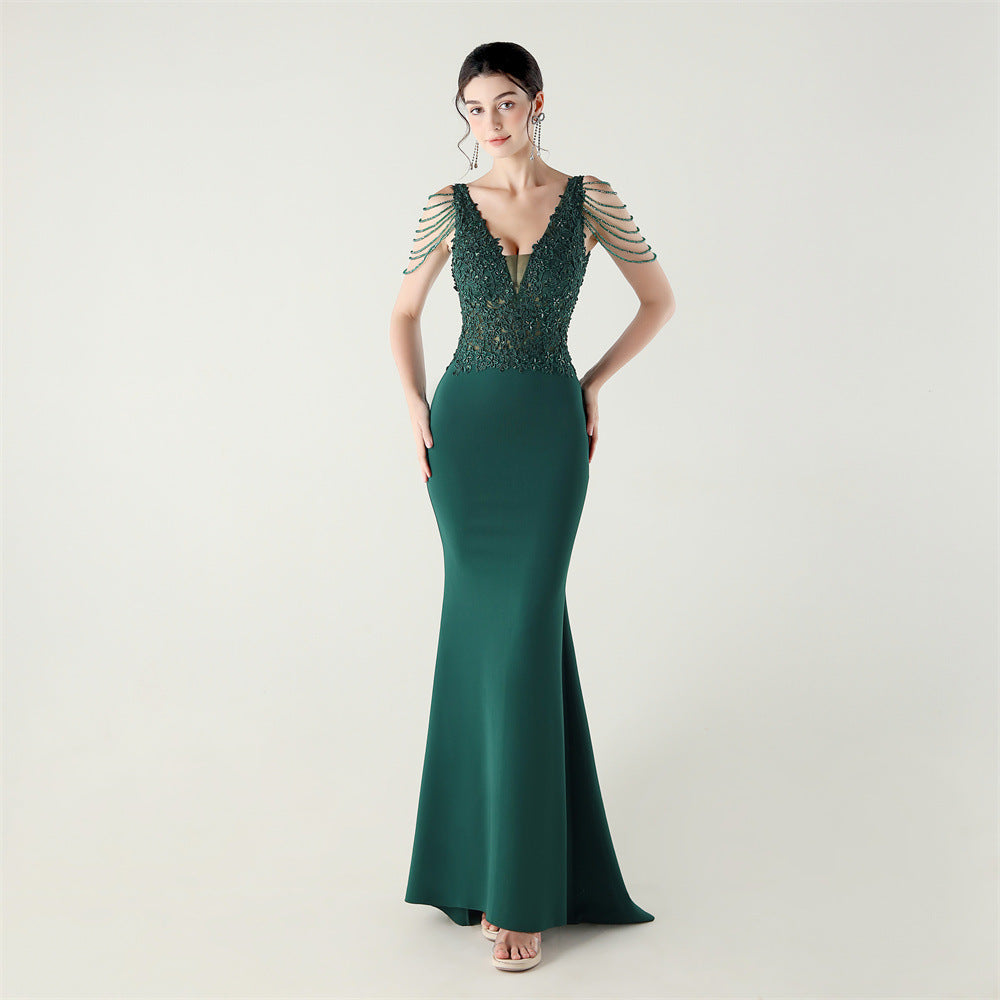 Women Heavy Lace Beaded Slit Fishtail Skirt Sexy Elegant Evening Evening Dress 16