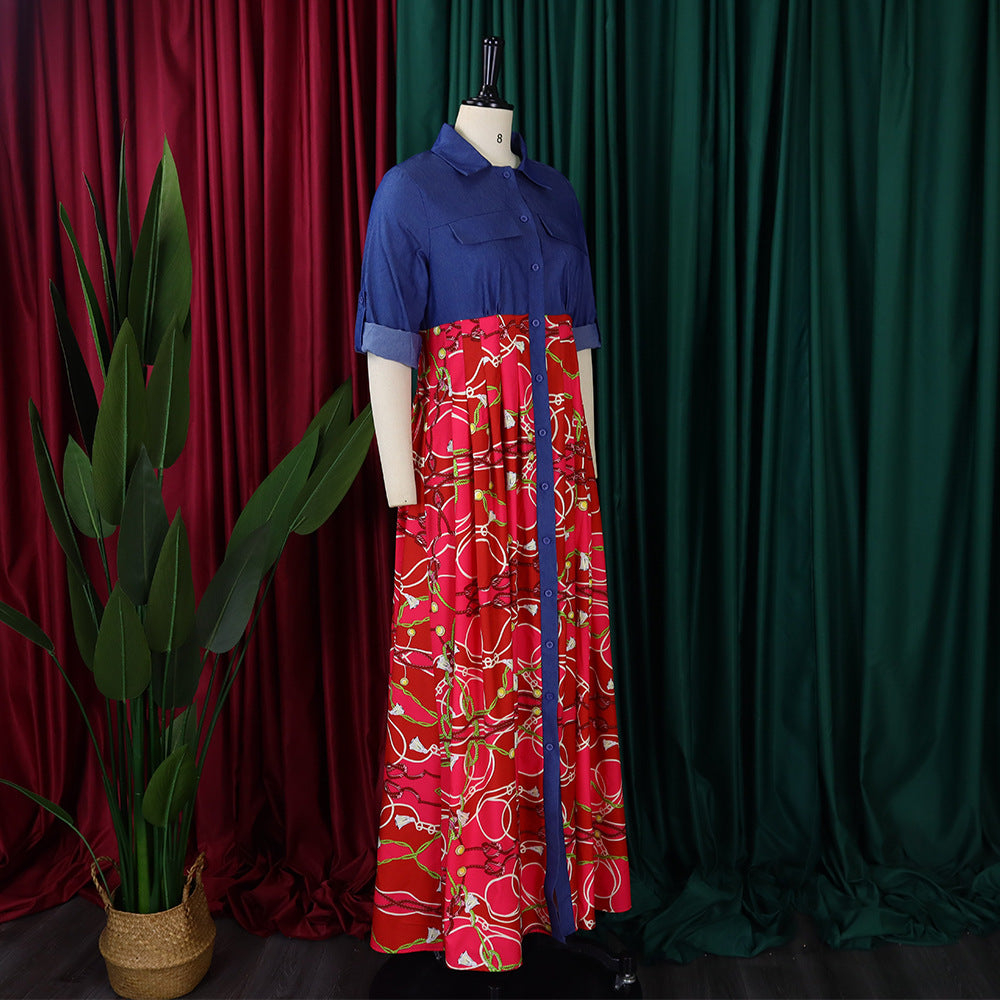 Plus Size Women Casual Denim Patchwork Print Shirt Dress 9